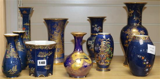 Carlton Ware mottle blue pottery - nine vases and a candlestick, Mikado and other patterns tallest 28cm (10)